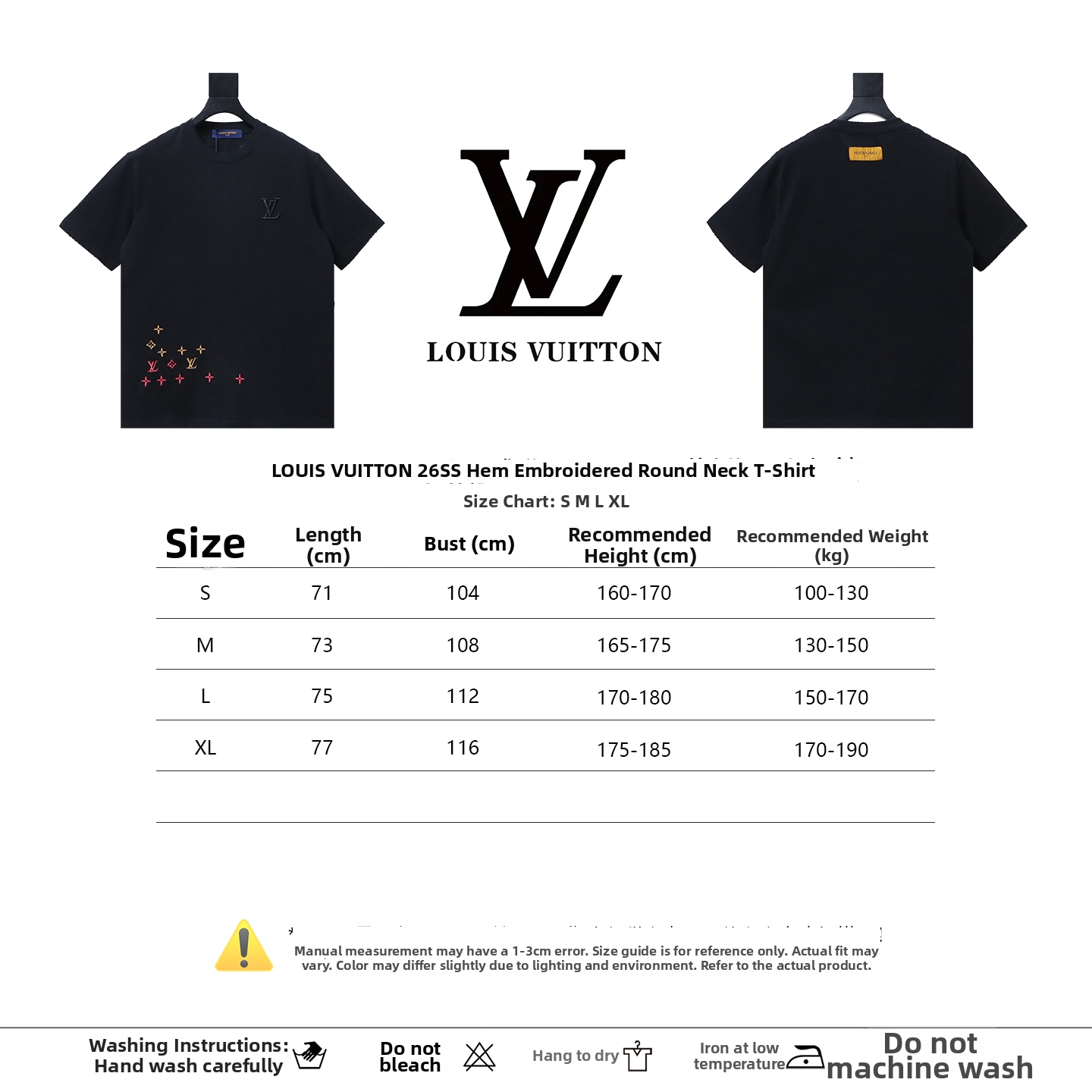 LOUIS VUITTON/LV 26SS Crew-Neck Short-Sleeve T-Shirt with Three-Flower Embroidery at the Hem BlacK
