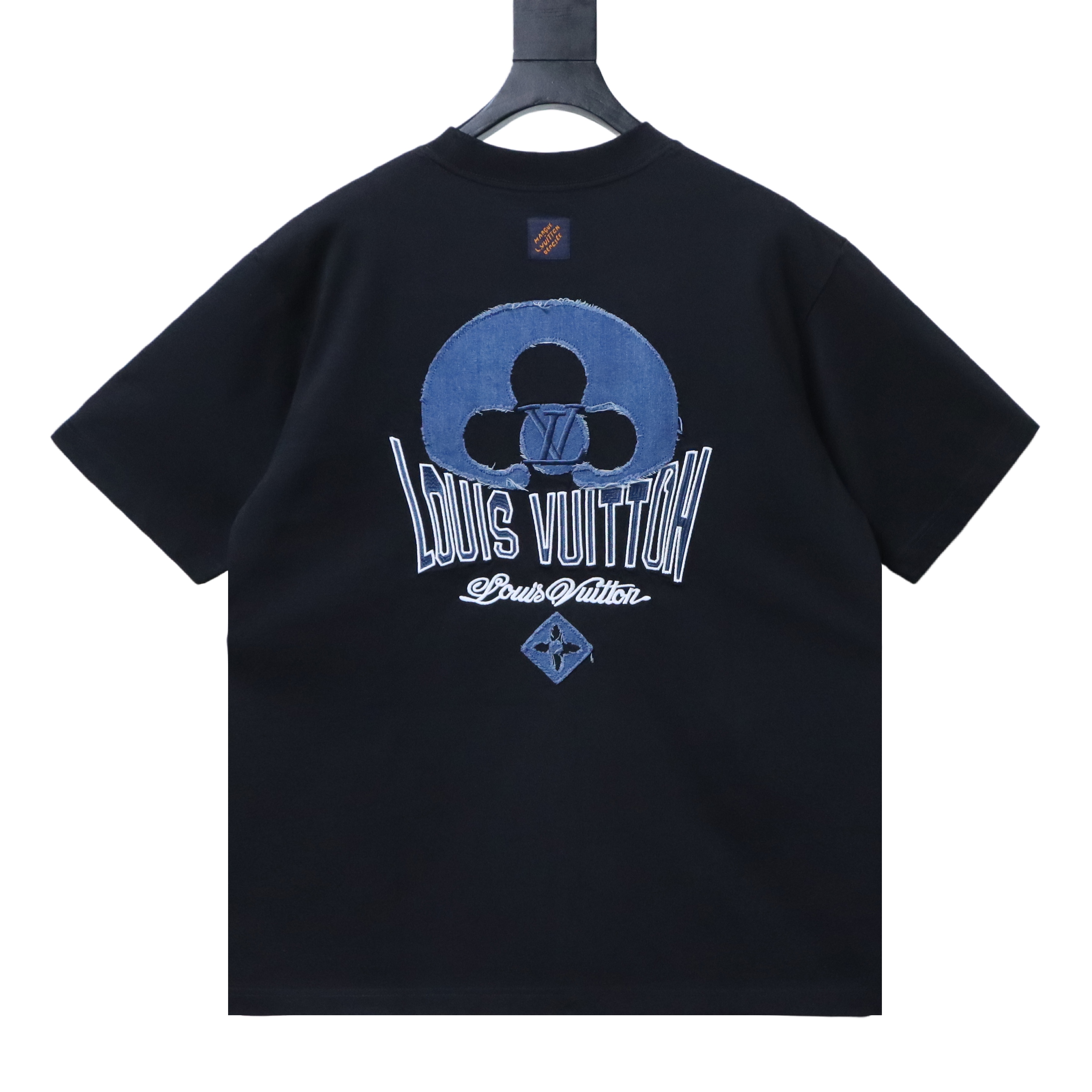 LOUIS VUITTON/LV 26SS Distressed Denim Patch & Embroidery Crew-Neck Short-Sleeve T-Shirt Black