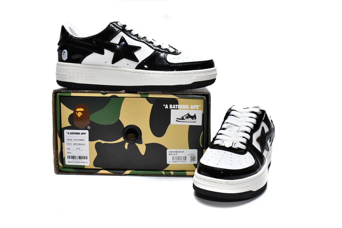 LJR A Bathing Ape Bape Sk8 Sta Low Black White Patent Leather,1G70-109-0001