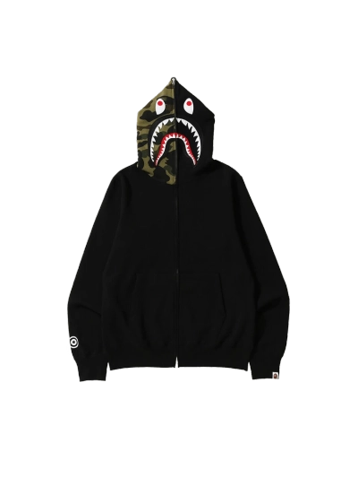 BAPE Shark Full Zip Hoodie Camo Hood Black 01