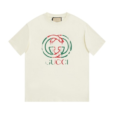 PK Gucci - Red and Green Logo Print Short Sleeve T-Shirt Beige 01