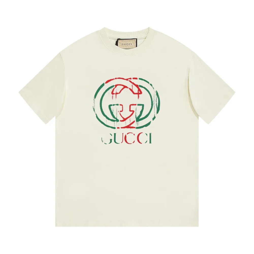 Gucci - Red and Green Logo Print Short Sleeve T-Shirt Beige