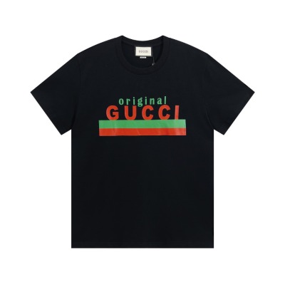 PK Gucci - Red and Green Striped Printed Short Sleeves Black T-Shirt 01