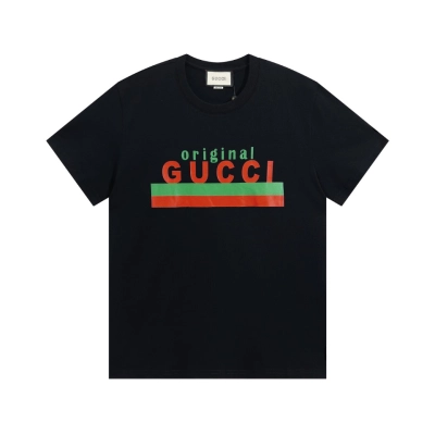 PK Gucci - Red and Green Striped Printed Short Sleeves Black T-Shirt 01