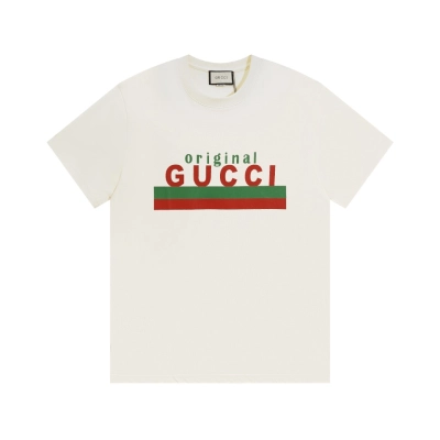 PK Gucci - Red and Green Striped Printed Short Sleeves White T-Shirt 01