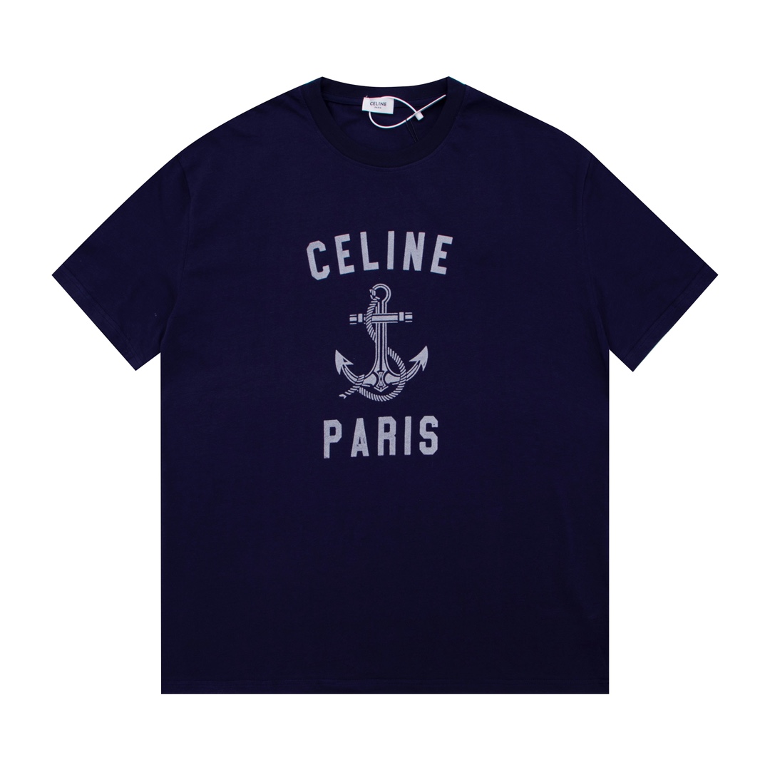 Celine-Anchor Print Short Sleeve Black T-Shirt