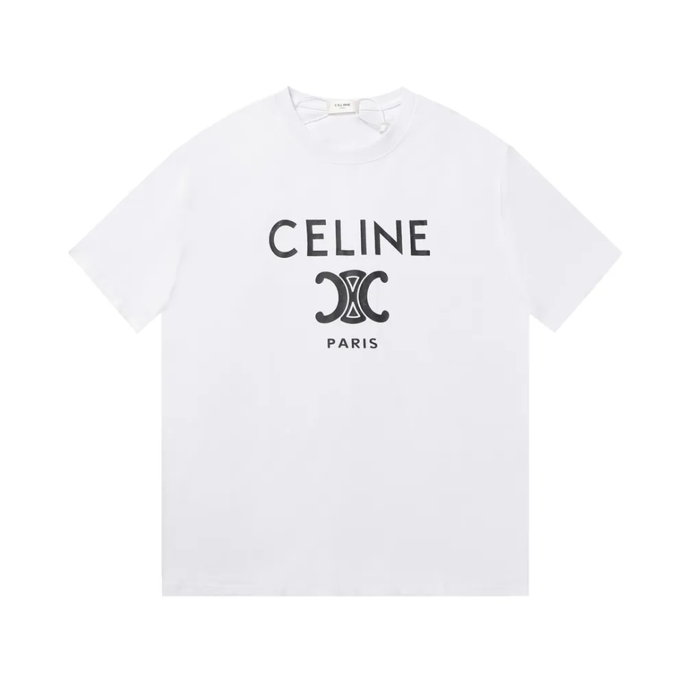 Celine-French classic flocked printed short-sleeves white T-Shirt
