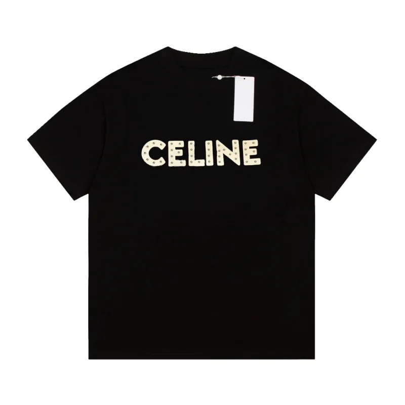Celine-Limited rivet flocking flocking LOGO casual short sleeves T-Shirt