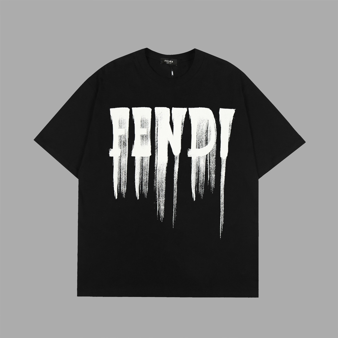 Fendi-24SS white ink direct printing loose wide short sleeves black T-Shirt