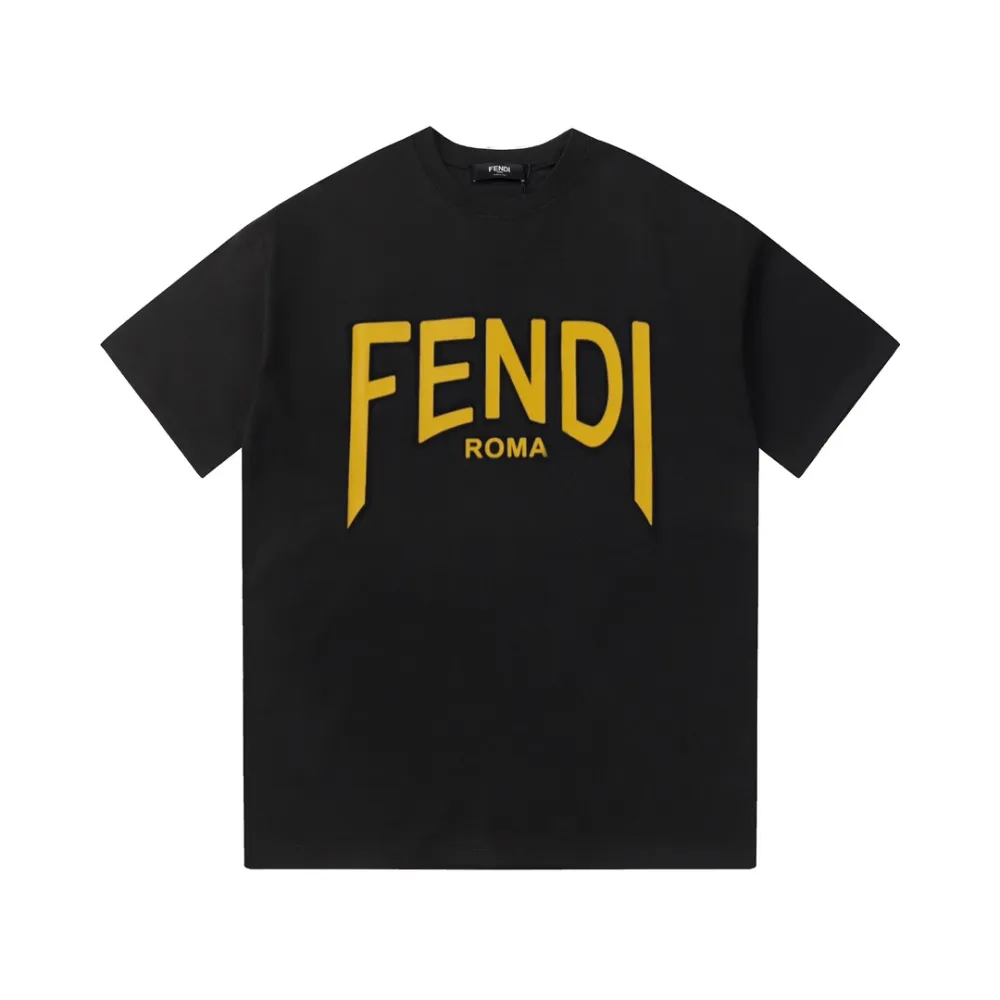 Fendi- yellow letter printed short sleeves black T-Shirt