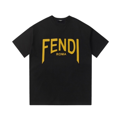 Fendi- yellow letter printed short sleeves black T-Shirt 01