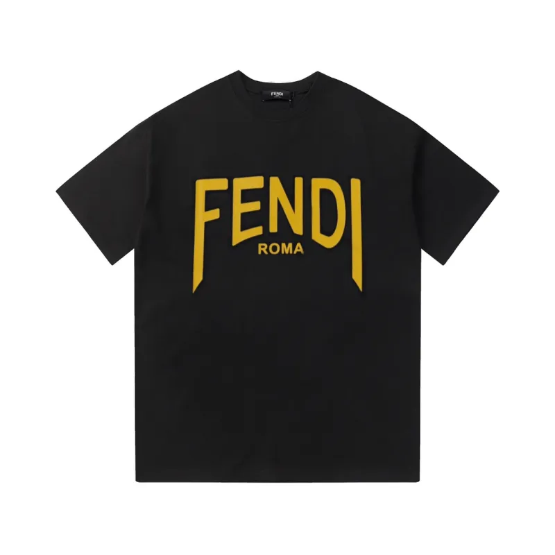 Fendi- yellow letter printed short sleeves black T-Shirt