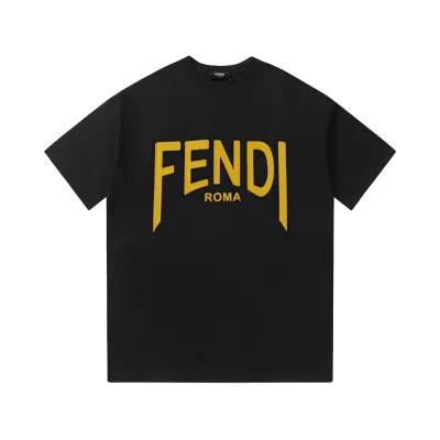 Fendi- yellow letter printed short sleeves black T-Shirt 01