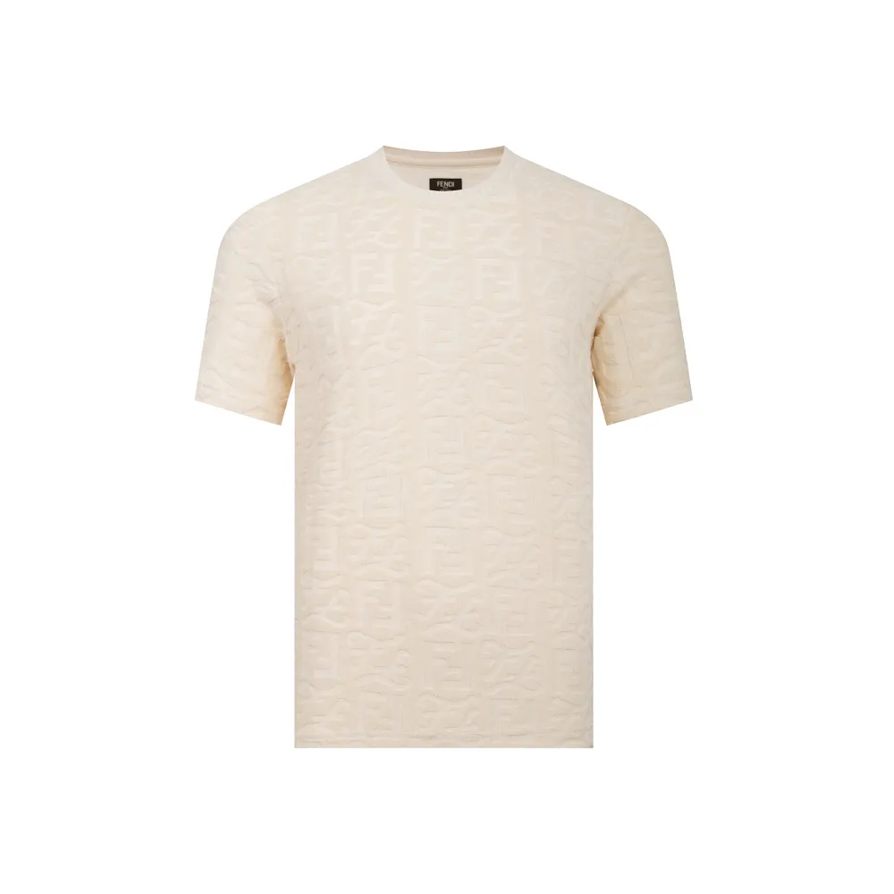 Fendi-Classic Embroidered Jacquard Short Sleeve Beige T-Shirt