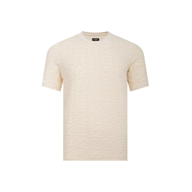 Fendi-Classic Embroidered Jacquard Short Sleeve Beige T-Shirt