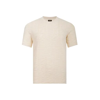 Fendi-Classic Embroidered Jacquard Short Sleeve Beige T-Shirt 01