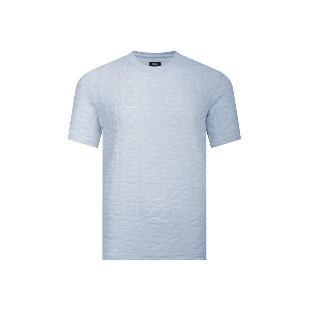 Fendi-Classic Embroidered Jacquard Short Sleeve Blue T-Shirt