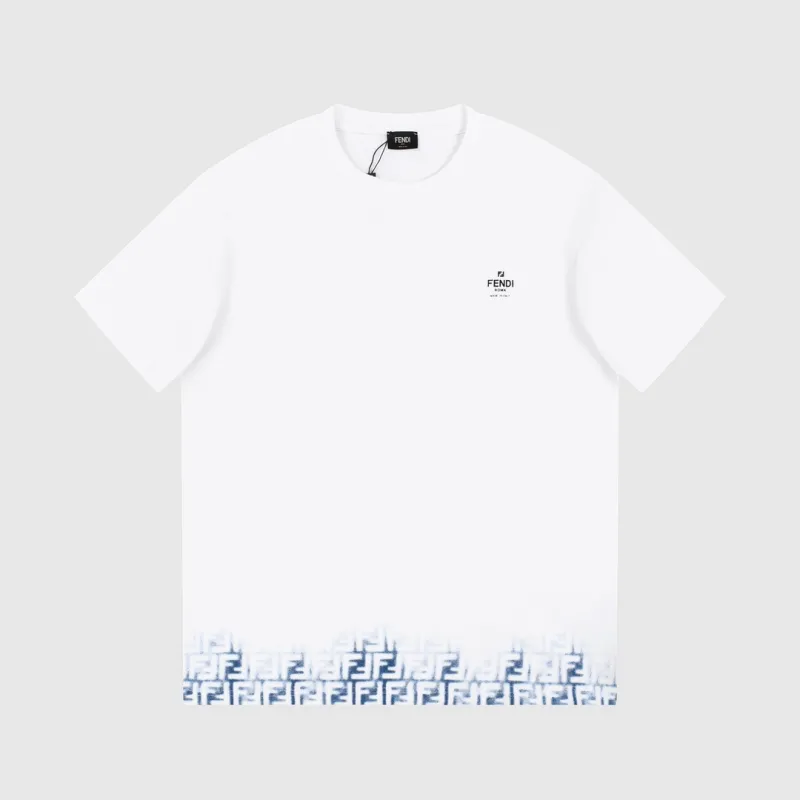 Fendi-Hem Gradient Small Letters LOGO Print Short Sleeves White T-Shirt