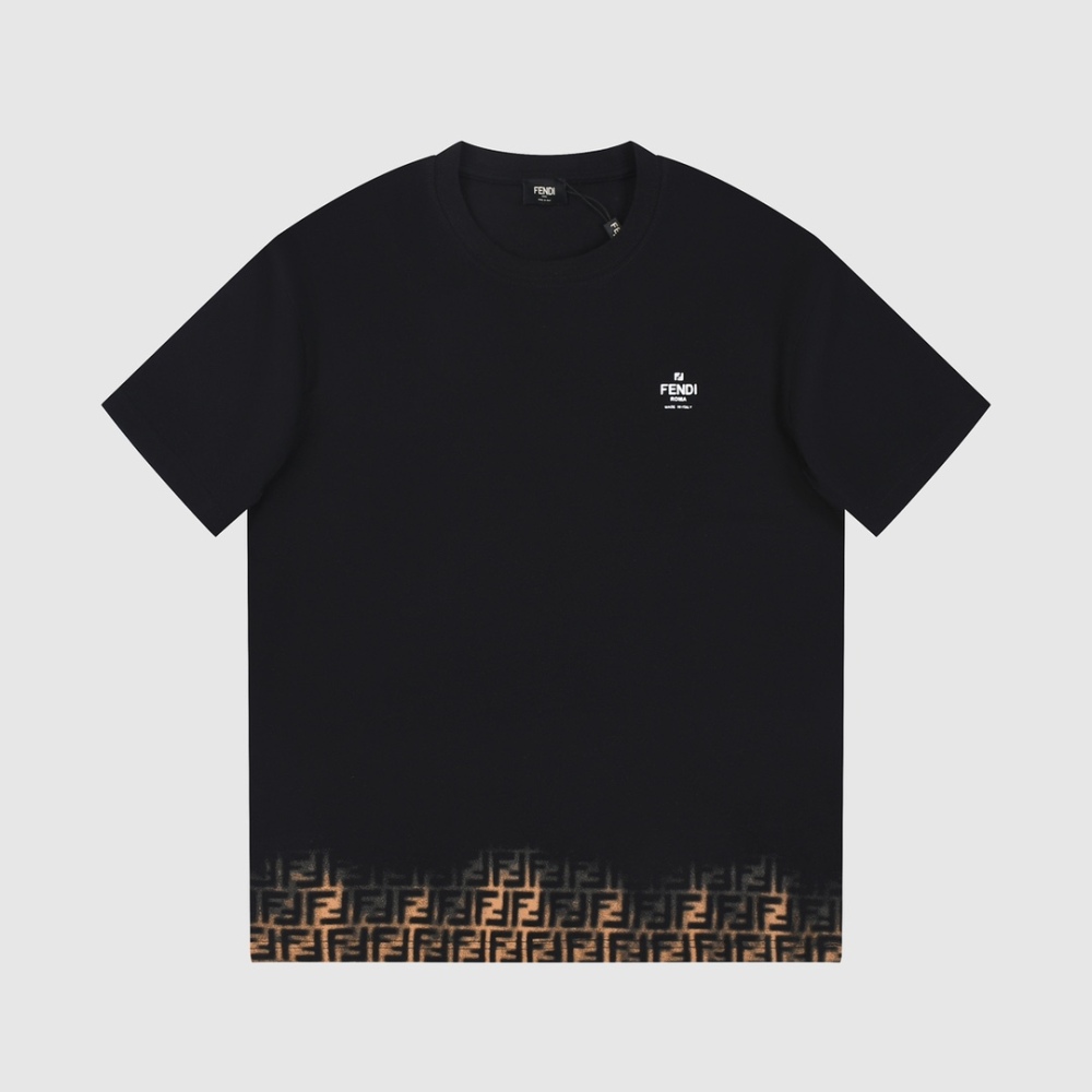 Fendi-Hem Gradient Small Letters LOGO Printed Short Sleeves Black T-Shirt