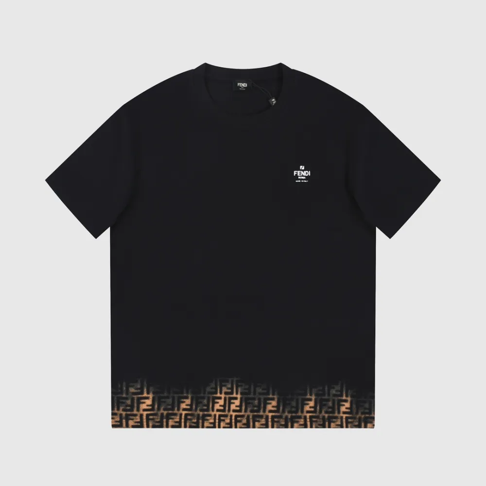 Fendi-Hem Gradient Small Letters LOGO Printed Short Sleeves Black T-Shirt