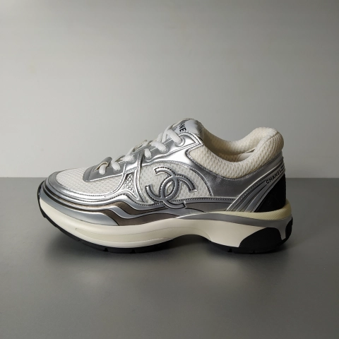 QC Pics Of Chanel CC Logo Sneaker 'White Silver' Reps at Replica Online