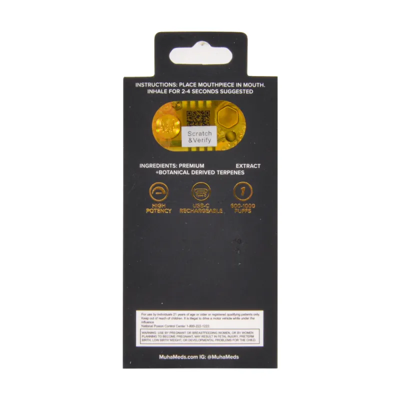 Back of a Muha Meds box showing the verification window with QR code, Scratch & Verify area, usage icons, and warning panel.