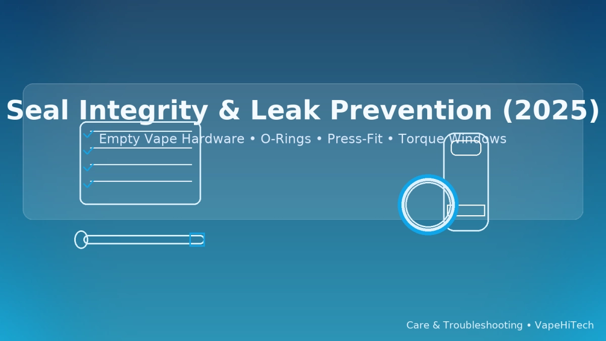 Empty vape device with O-ring and torque checklist for leak prevention