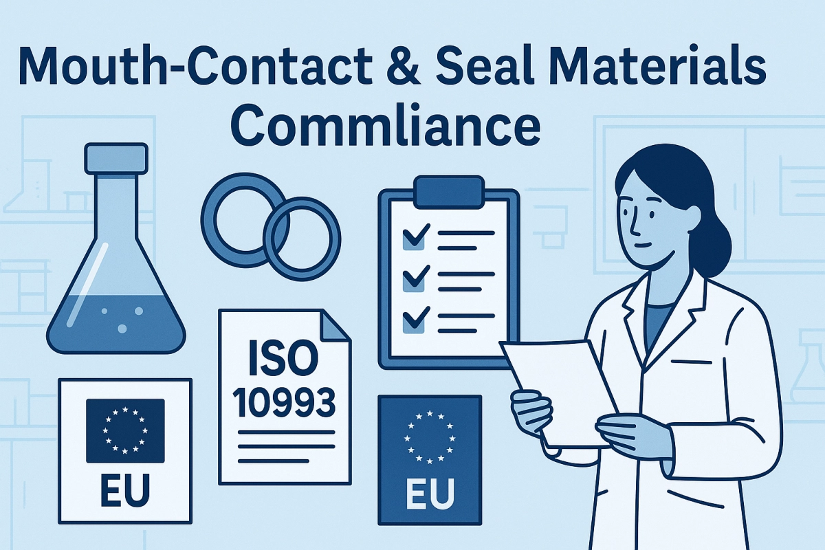 Mouth-contact & seal materials compliance cover — ISO 10993, EU food-contact, O-rings, checklist, lab illustration.