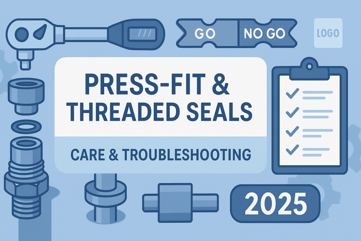 Press-fit & threaded seals troubleshooting cover with torque wrench, Go/No-Go gauge, O-rings, and checklist (2025).