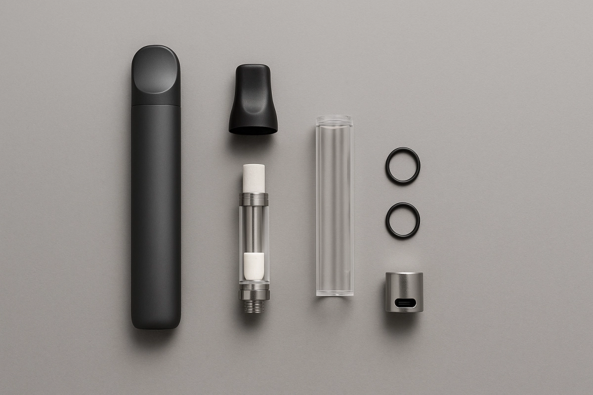 Muha-style 2-gram empty disposable hardware laid out on a neutral surface—shell, mouthpiece, ceramic core, O-rings, and end cap shown for sourcing & QC