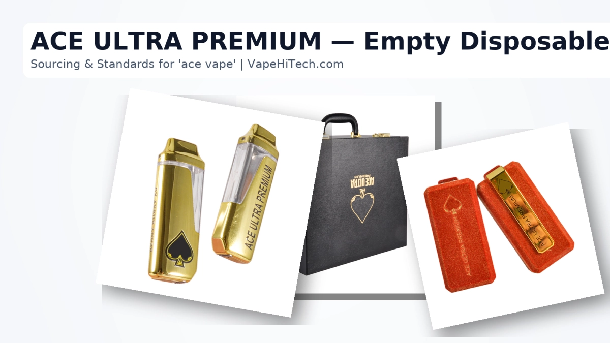 “ACE ULTRA PREMIUM empty disposable hardware — realistic composite featuring two gold and one red Ace Ultra Premium devices with a black carry case on a clean white background; ideal for Sourcing & St