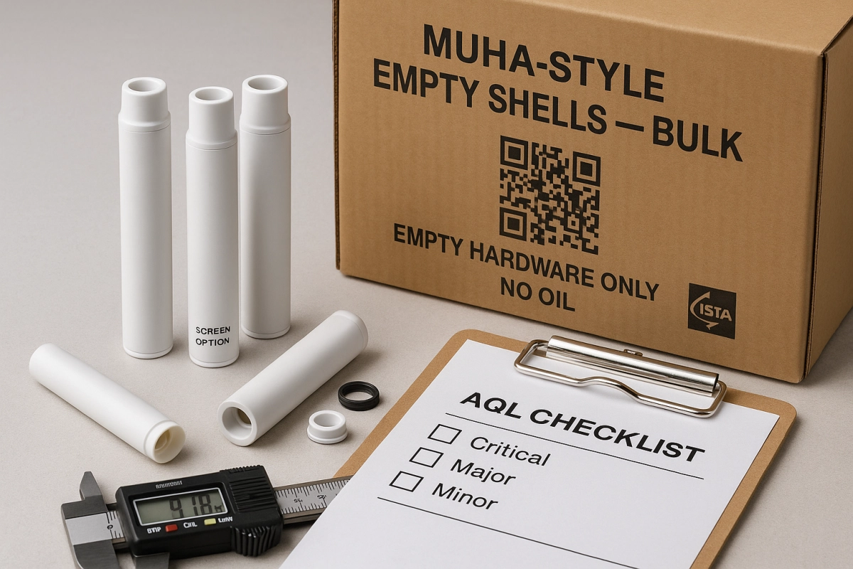 Digital calipers measuring empty Muha-style shells beside an AQL checklist and a master case labeled “EMPTY HARDWARE ONLY.”