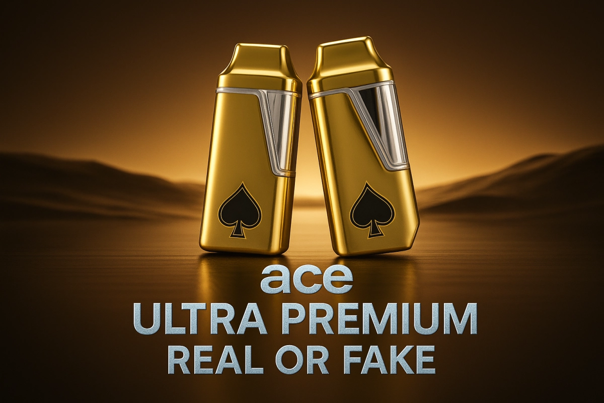 Two gold Ace Ultra Premium disposables on a warm studio background, spade logo visible—authentic vs counterfeit identification guide cover.