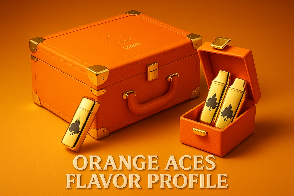 Orange Ace Ultra carry case with two gold Aces devices under soft light—Orange Aces flavor profile, tasting notes and effects review cover.