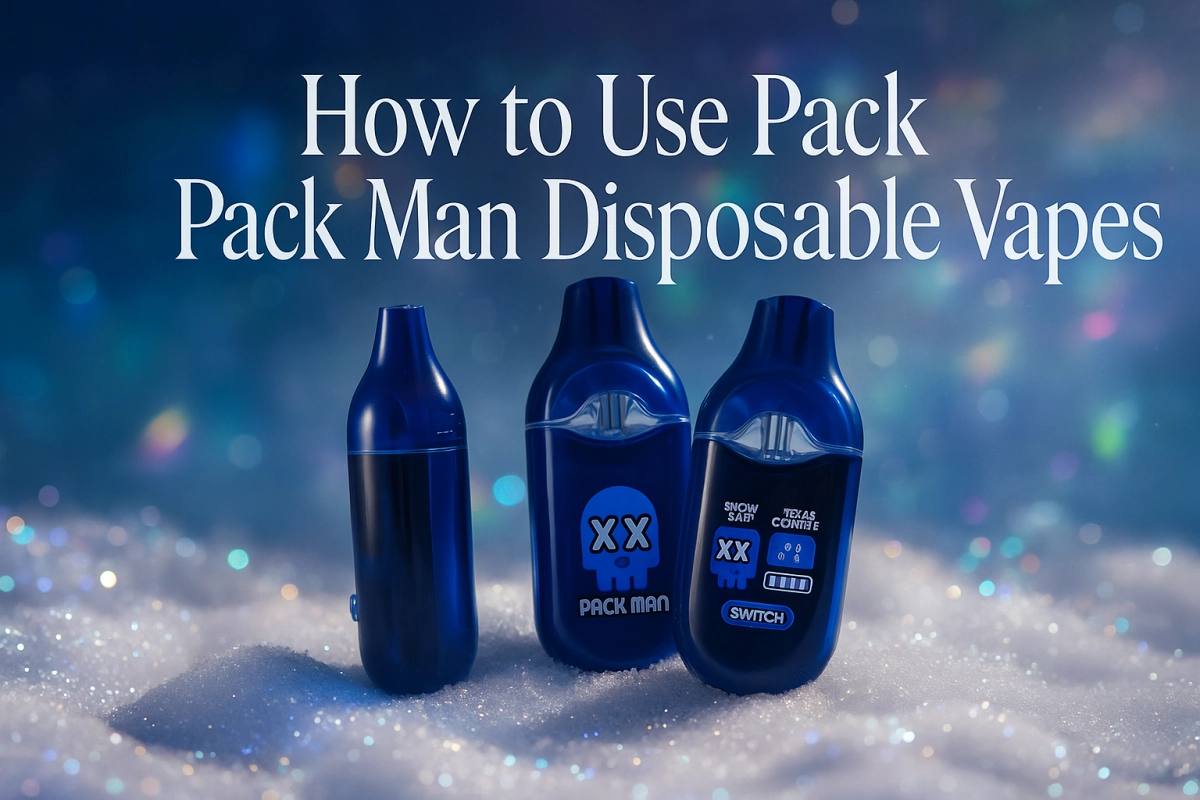 Pack Man disposable vape device with clear icons for safety, charging and usage steps, representing a beginner-friendly tutorial on Vapehitech