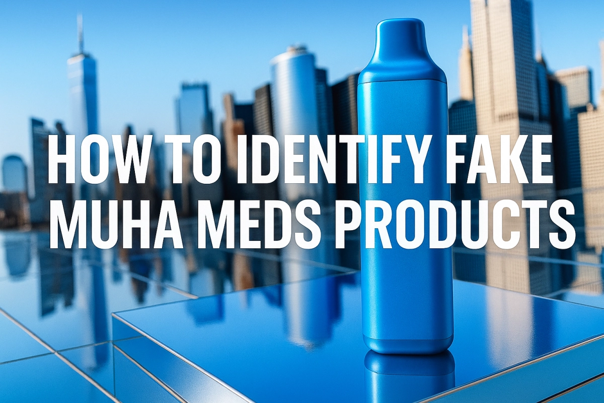 Cover image for “How to Identify Fake Muha Meds Products” showing a sleek blue empty disposable vape pen on a reflective cityscape platform, highlighting 2025 authenticity and safety checks.