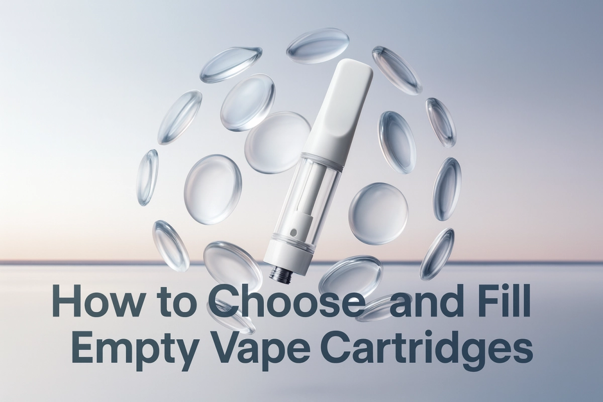 Empty vape cartridges and CCELL cartridges on a lab bench for a guide on choosing and filling empty vape carts.