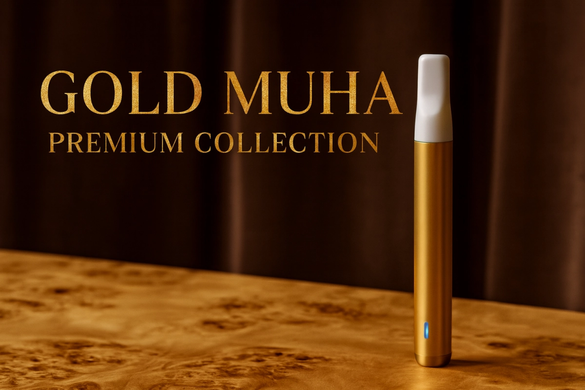Gold Muha premium Muha Meds shells arranged in a soft-light studio for branding and hardware evaluation