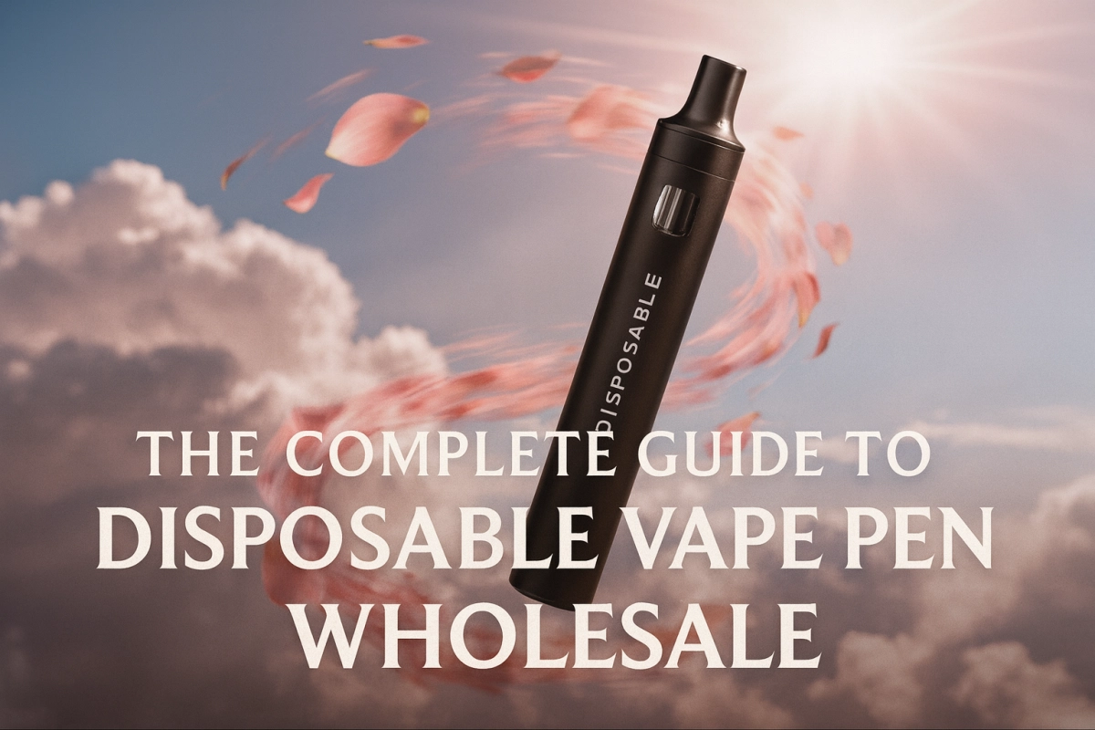 B2B buyer reviewing disposable vape pen wholesale sourcing, pricing, and distribution plans at a desk with empty vape hardware samples and shipping cartons