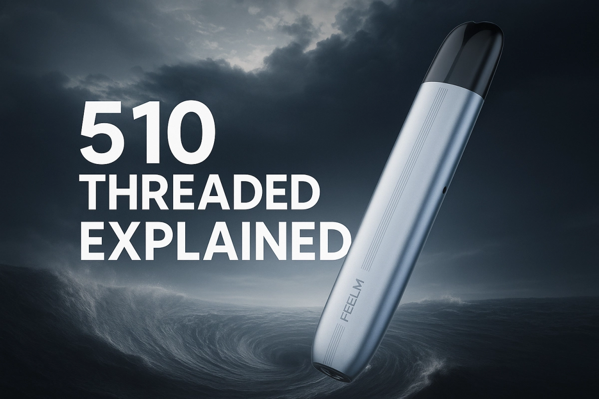 Macro close-up of a threaded 510 connector showing the thread profile and center contact pin.