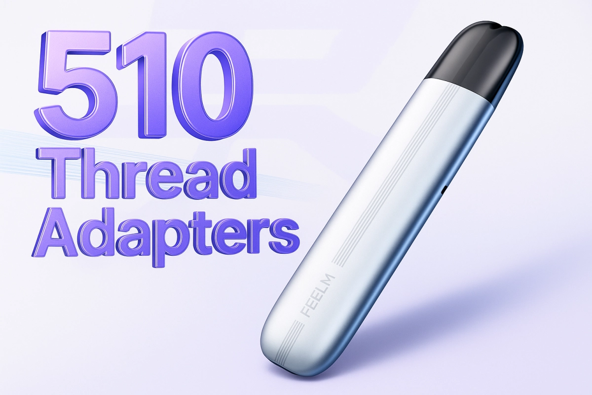 Close-up of multiple 510 thread adapters (510 extender and 510-to-eGo converter) showing thread ends and center contact alignment on a clean workbench.