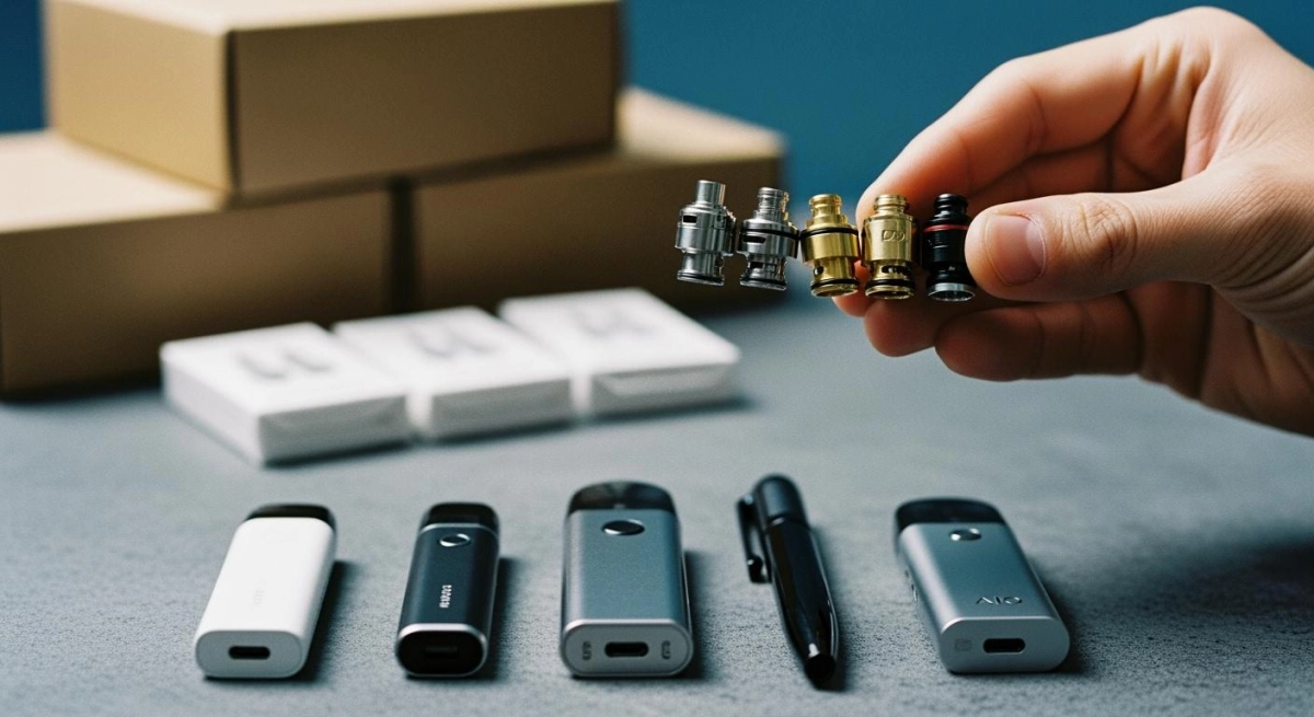 Hardware-only 510 adapters and 510 vape devices arranged for compatibility and QC testing on a clean workbench