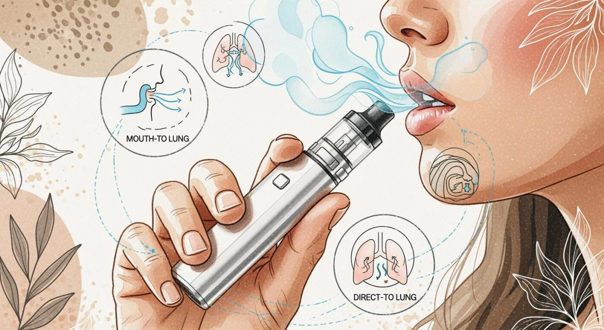 Proper vape inhalation techniques for beginners (MTL vs RDL vs DTL) with draw-length tips to reduce coughing