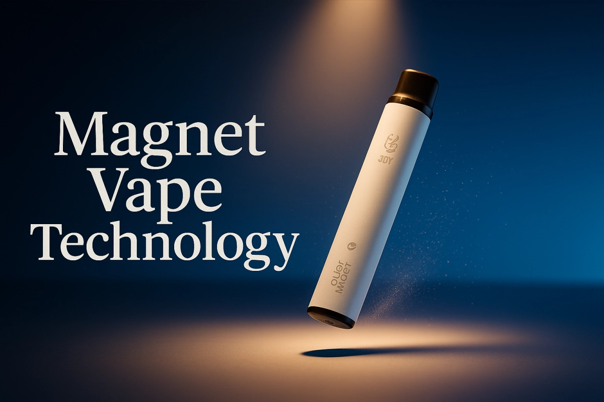 Magnet vape technology diagram showing a magnetic vape interface with keyed alignment and contact pads (hardware-only)