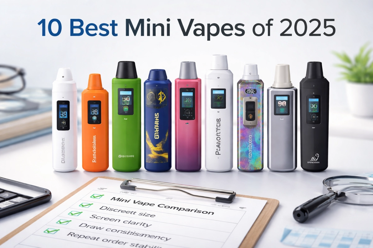 Top 10 mini vapes 2025 comparison layout showing compact mini vape models, screen readability highlights, and a scoring rubric for discreet carry.