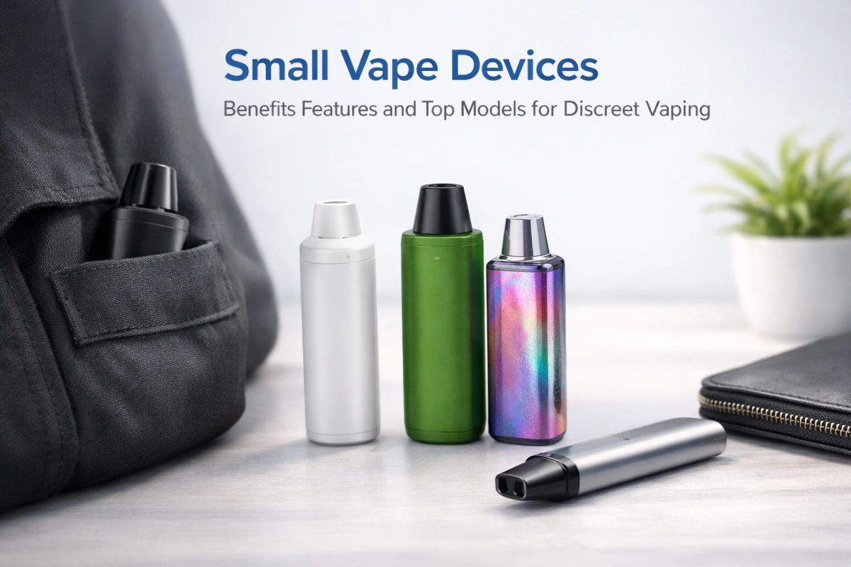 Compact small vape device lineup showing mini vape models (including a screen-style mini) arranged for size and feature comparison.