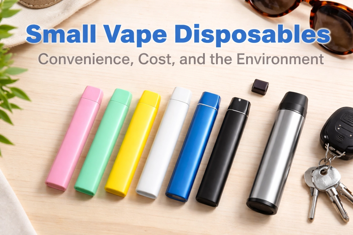 Slim small vape disposable lineup photographed for size comparison next to a mini vape form factor, focused on portability and everyday carry (empty only).