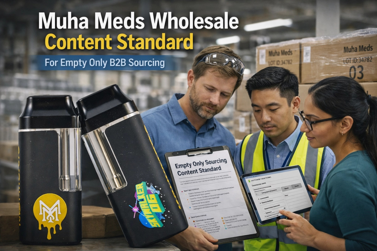 B2B team reviewing an empty only sourcing content checklist for Muha Meds wholesale pages, with labeled cartons and a clear change-log and traceability workflow