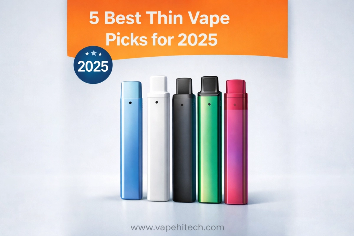 Clean lineup of five thin vape picks for 2025 for an empty only mini vape assortment, emphasizing portability and consistent draw checks