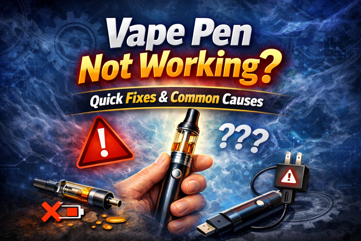 Vape pen not working troubleshooting guide cover: vape pen with warning light and a checklist of causes and solutions.